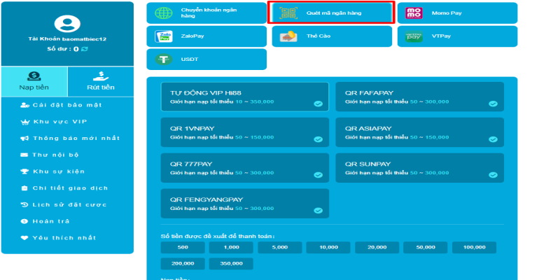 Nạp Tiền Hi88 | Nạp tại Hi88 nhận ưu đãi độc quyền 2 Giao dịch quét mã ngân hàng đơn giản